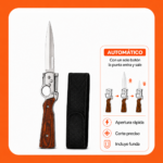 Cuchillo táctico automático de acero inoxidable con mango de madera, hoja desplegable, funda negra vertical y explicativo de apertura rápida.