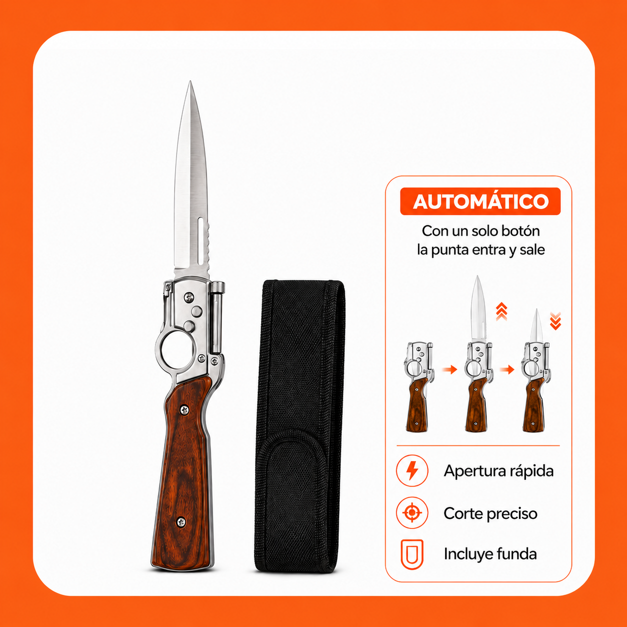 Cuchillo táctico automático de acero inoxidable con mango de madera, hoja desplegable, funda negra vertical y explicativo de apertura rápida.