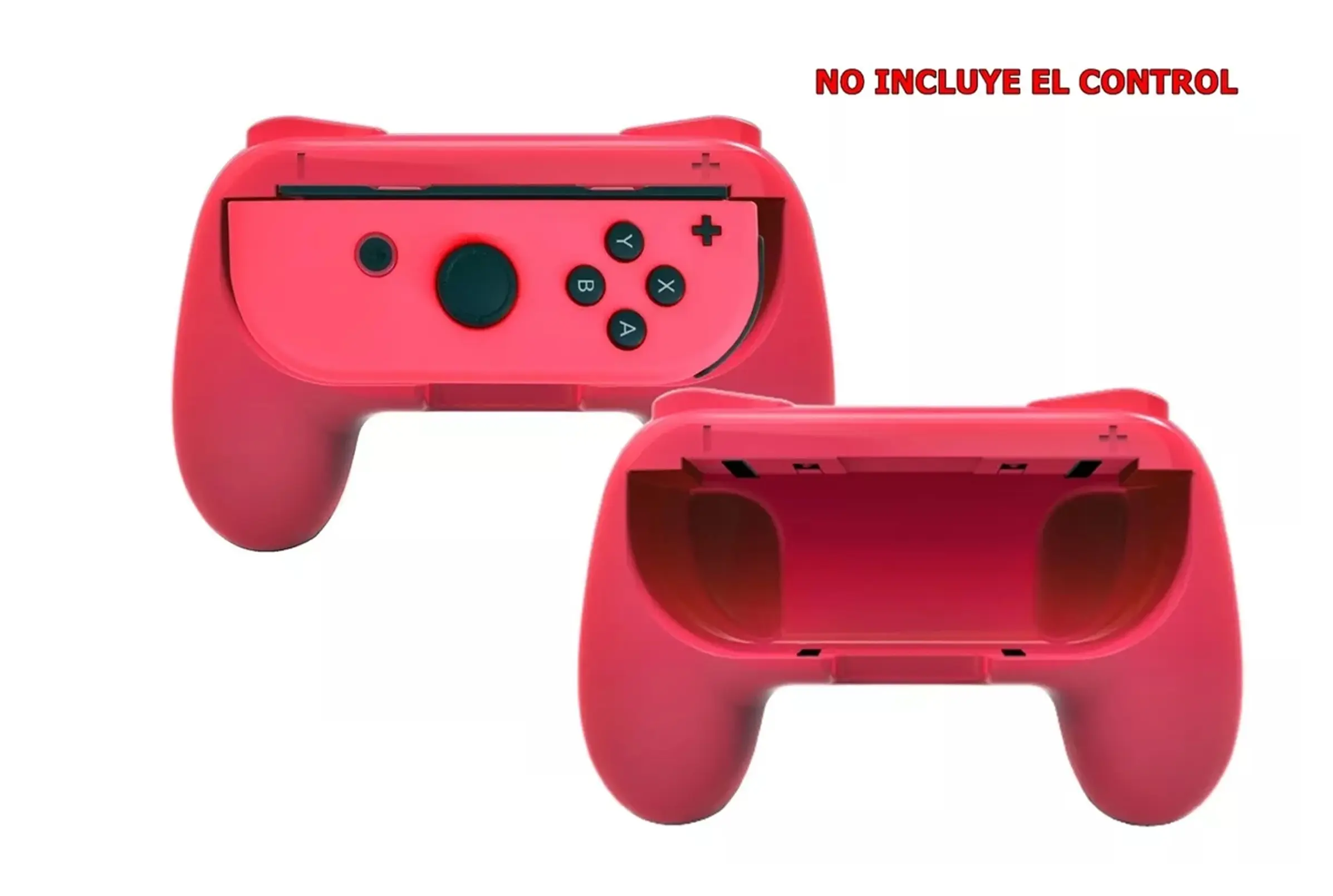 Set de dos empuñaduras ergonómicas rojas para control de Nintendo Switch, una con Joy-Con insertado y otra vacía, con diseño texturizado para mejor agarre.