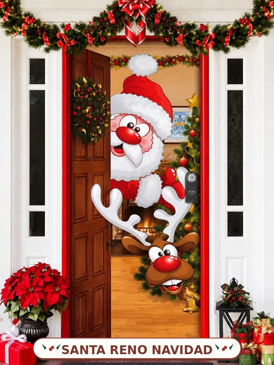 Forro elástico para puerta con diseño de Santa Claus y reno asomándose, ideal para decoración navideña de fácil instalación en entradas de hogar.