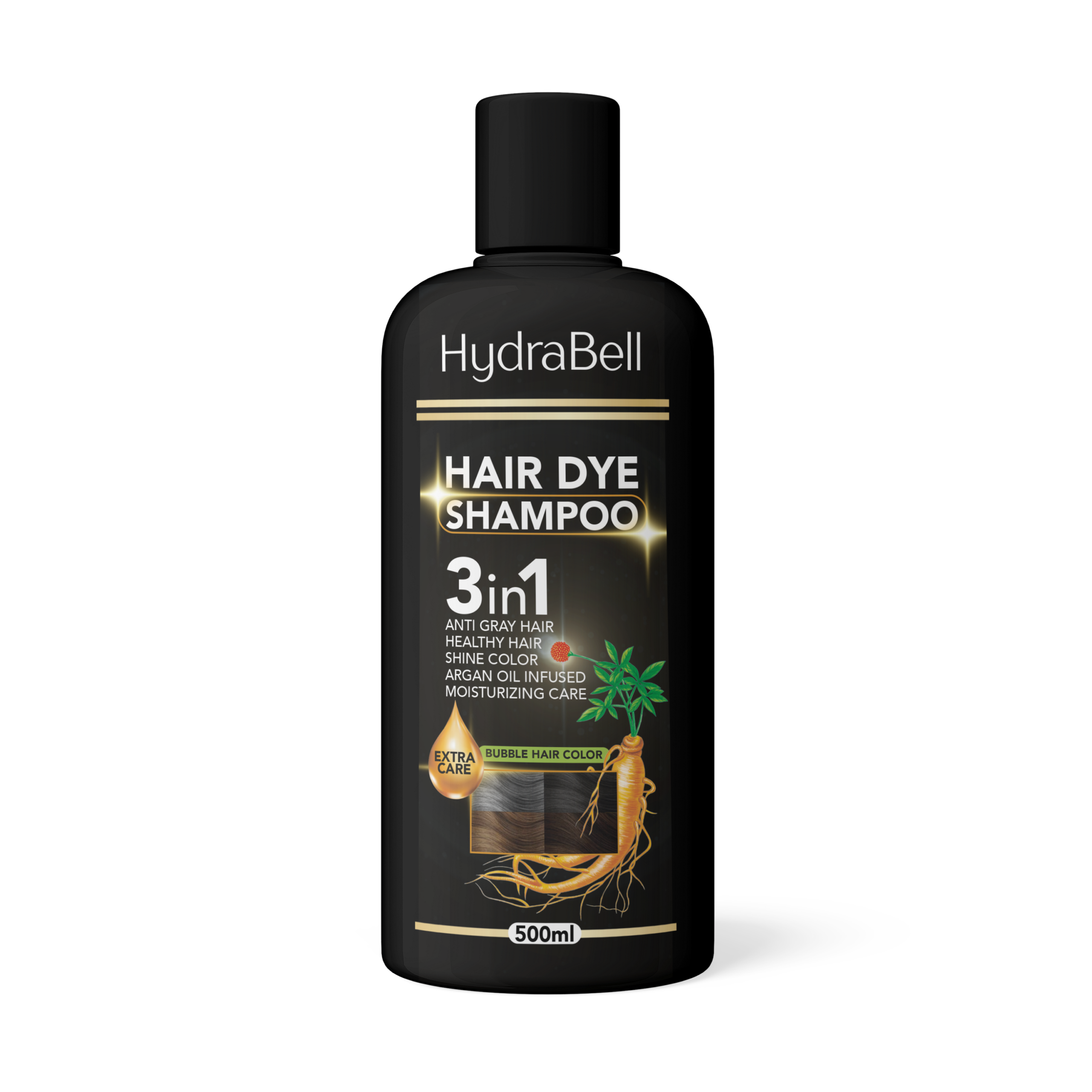 Botella negra de champú tinte 3 en 1 de 500 ml para cubrir canas, con diseño de ginseng y argan oil.