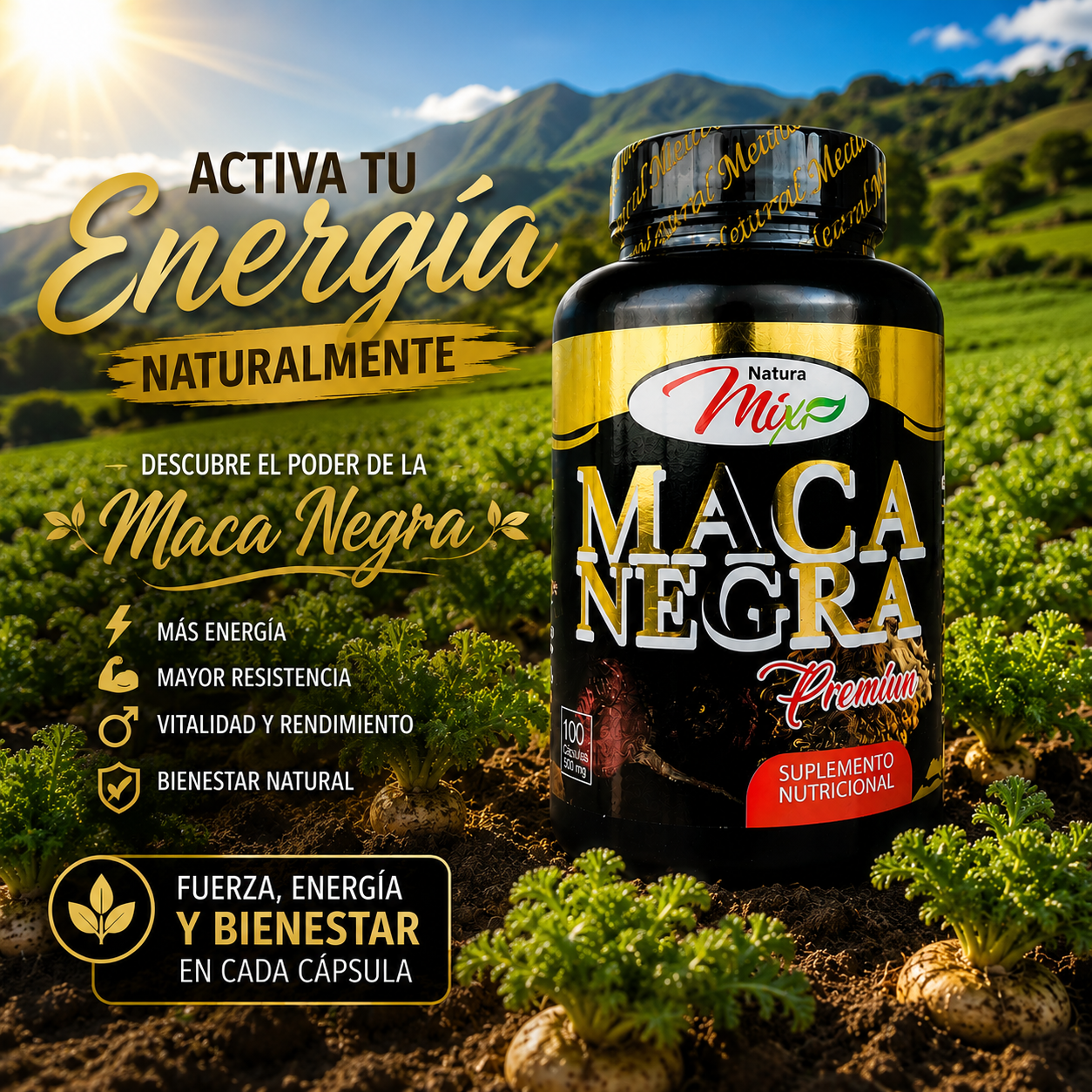 Suplemento nutricional Maca Negra Premium en frasco negro, ubicado en un campo de cultivo con raíces de maca y montañas al fondo.