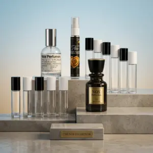 Colección de perfumes Nox en botellas de vidrio con atomizadores y frascos de viaje sobre soportes de piedra en tono neutro.