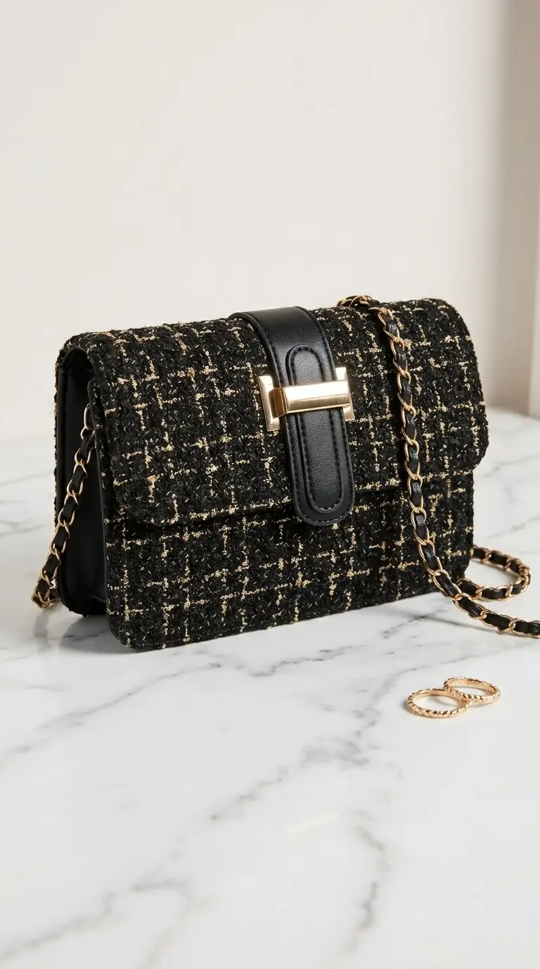 Bolso de tweed negro con hilos dorados, cierre de cuero con hebilla dorada y correa de cadena, sobre superficie de mármol blanco.