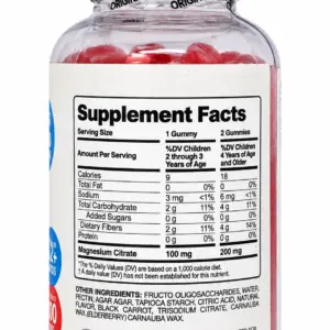 Frasco de suplemento masticable Magnesium Citrate Gummies para niños con 100 mg de magnesio por unidad, mostrando tabla nutricional e ingredientes.