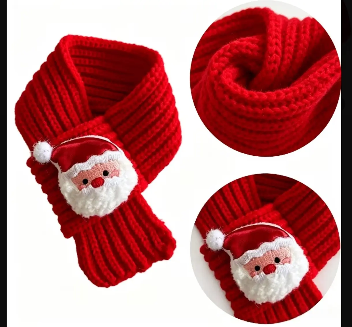 Bufanda navideña roja tejida con parche acolchado de Papá Noel, ideal para abrigar mascotas pequeñas en fiestas.