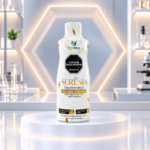 Botella blanca de 500 ml con detalles dorados de bebida funcional con maracuyá y jengibre sobre podio circular en laboratorio.