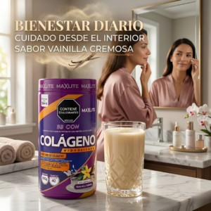 Envase de 800g de colágeno hidrolizado Maxlite sabor vainilla cremosa junto a un vaso con batido, sobre un tocador frente a una mujer en un baño.
