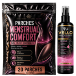 Kit de parches menstruales confort de veinte unidades y spray reductor de vello No Vello de 60 mililitros en envases negros con detalles rosados.