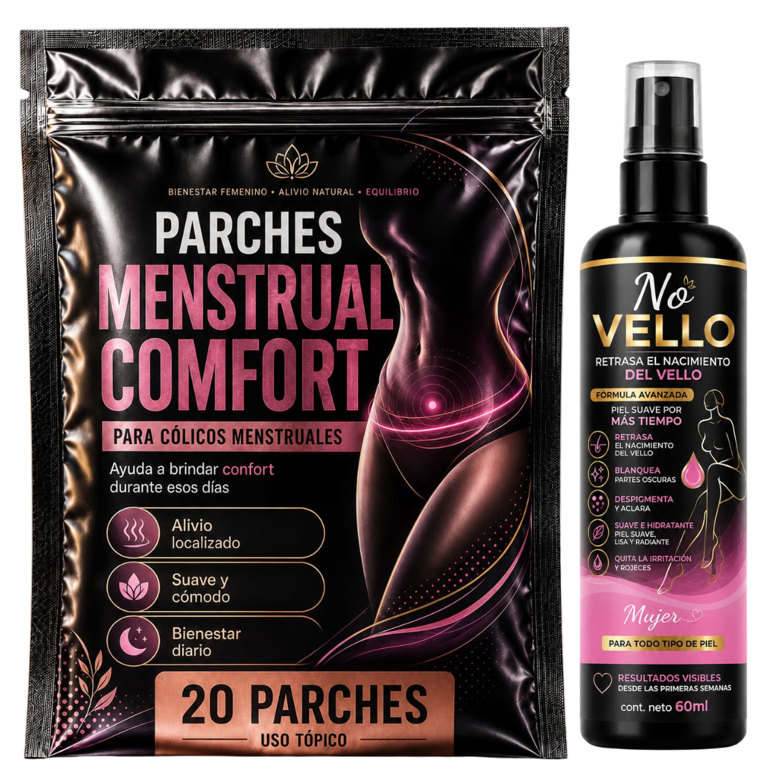 Kit de parches menstruales confort de veinte unidades y spray reductor de vello No Vello de 60 mililitros en envases negros con detalles rosados.