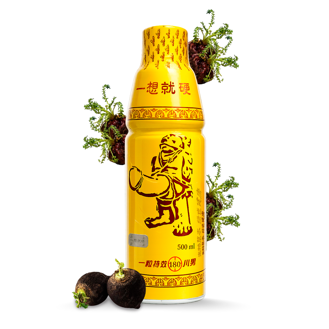 Botella de tónico herbal de 500 ml en tono amarillo, decorada con ilustraciones de raíces oscuras dispuestas alrededor sobre un fondo blanco puro.