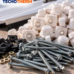 Tornillos autoperforantes plateados, capelotes blancos, arandelas doradas y bases negras para fijación y sellado impermeable de techos.