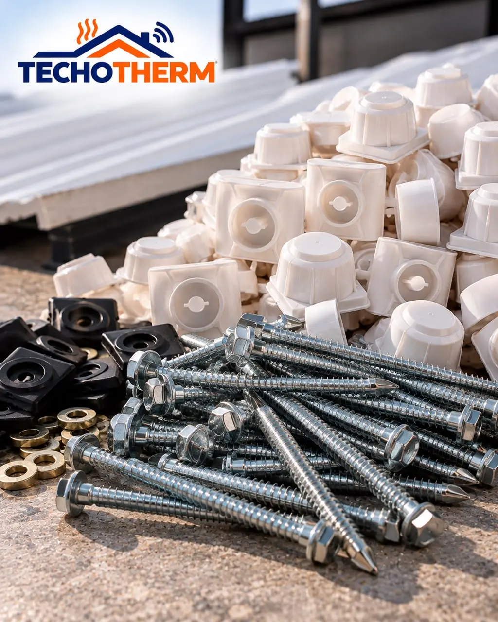 Tornillos autoperforantes plateados, capelotes blancos, arandelas doradas y bases negras para fijación y sellado impermeable de techos.