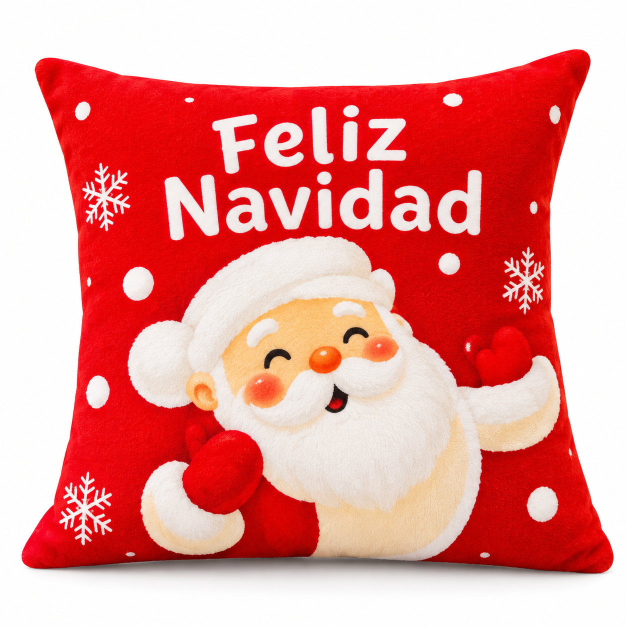 Cojín navideño rojo con diseño de Papá Noel sonriente, copos de nieve blancos y la frase Feliz Navidad en letras blancas.