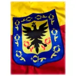 Bandera de Bogotá D.C de 1x1.5m en poliéster con el escudo institucional bordado a color sobre franjas horizontal amarilla y roja.