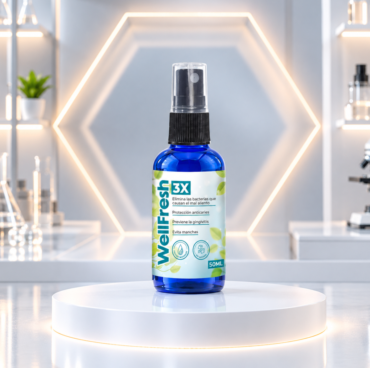 Spray bucal WellFresh 3X de 50 ml en botella azul con atomizador negro, sobre base blanca en laboratorio.