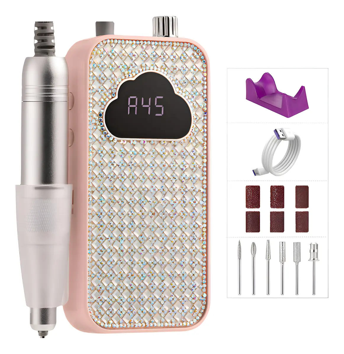 Torno eléctrico portátil para manicura rosa decorado con brillantes, pantalla digital, pieza de mano metálica y accesorios de limado y pulido incluidos.