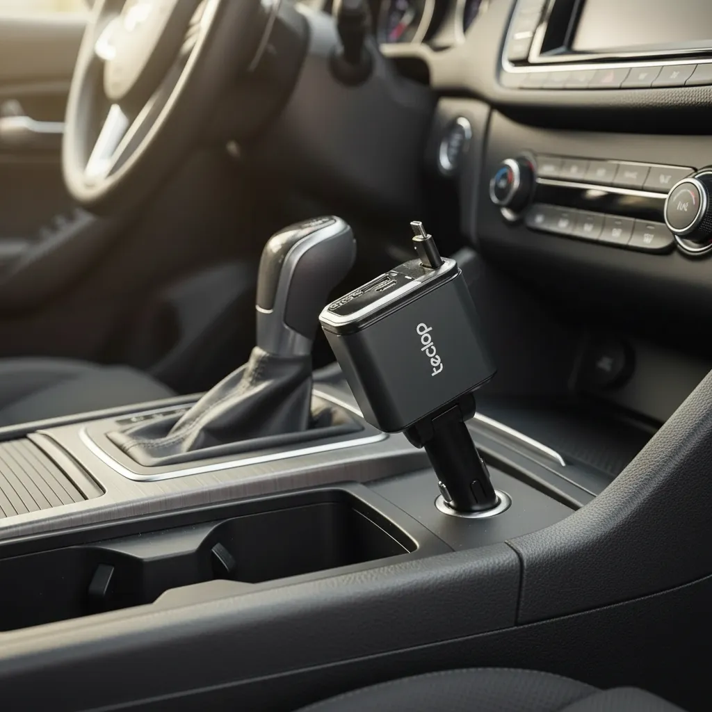Cargador de carro negro de 180W conectado a la toma de corriente, con múltiples puertos USB visibles y acabado texturizado en la consola central.