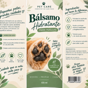Bálsamo hidratante para huellas de 120 ml, con ingredientes naturales y extractos que protegen y cuidan las almohadillas.