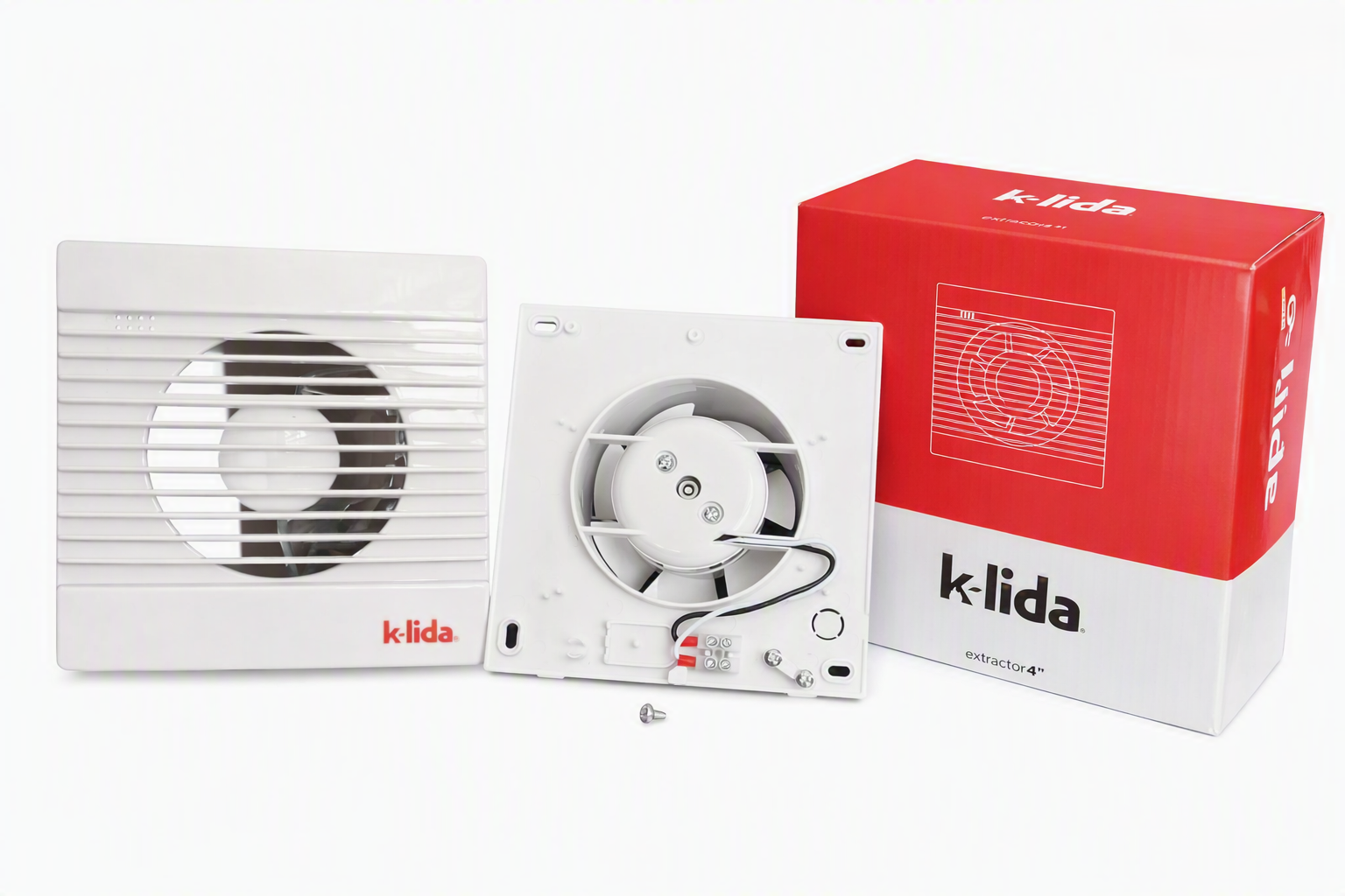 Extractor de aire blanco de 4 pulgadas con rejilla frontal, motor visible y caja de empaque roja y blanca.