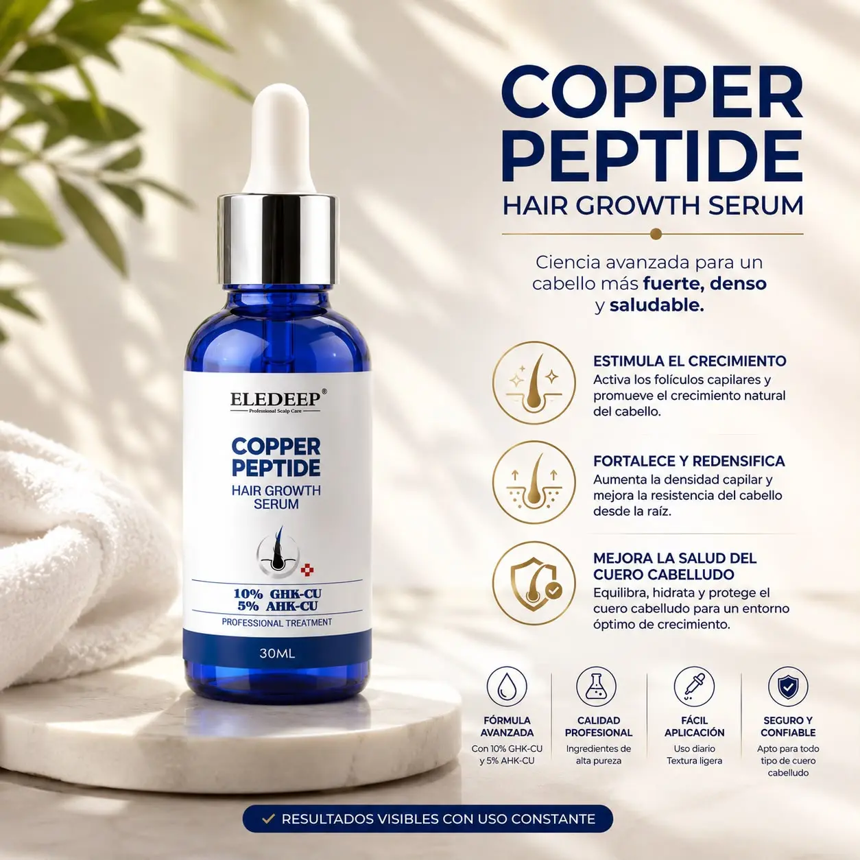 Frasco azul de suero capilar de 30 ml con gotero, sobre superficie de mármol blanco junto a toalla y hojas, con texto descriptivo al fondo.