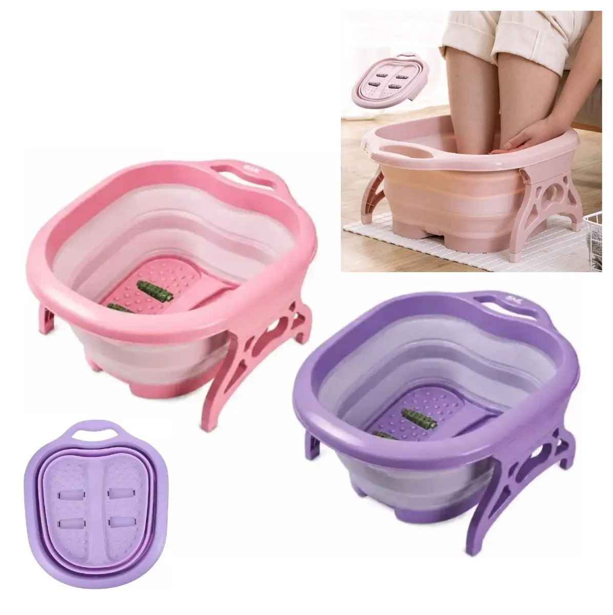 Tina spa plegable para pies en rosa y morado con rodillos masajeadores, tapa y diseño colapsable. Incluye vista de uso con los pies sumergidos.
