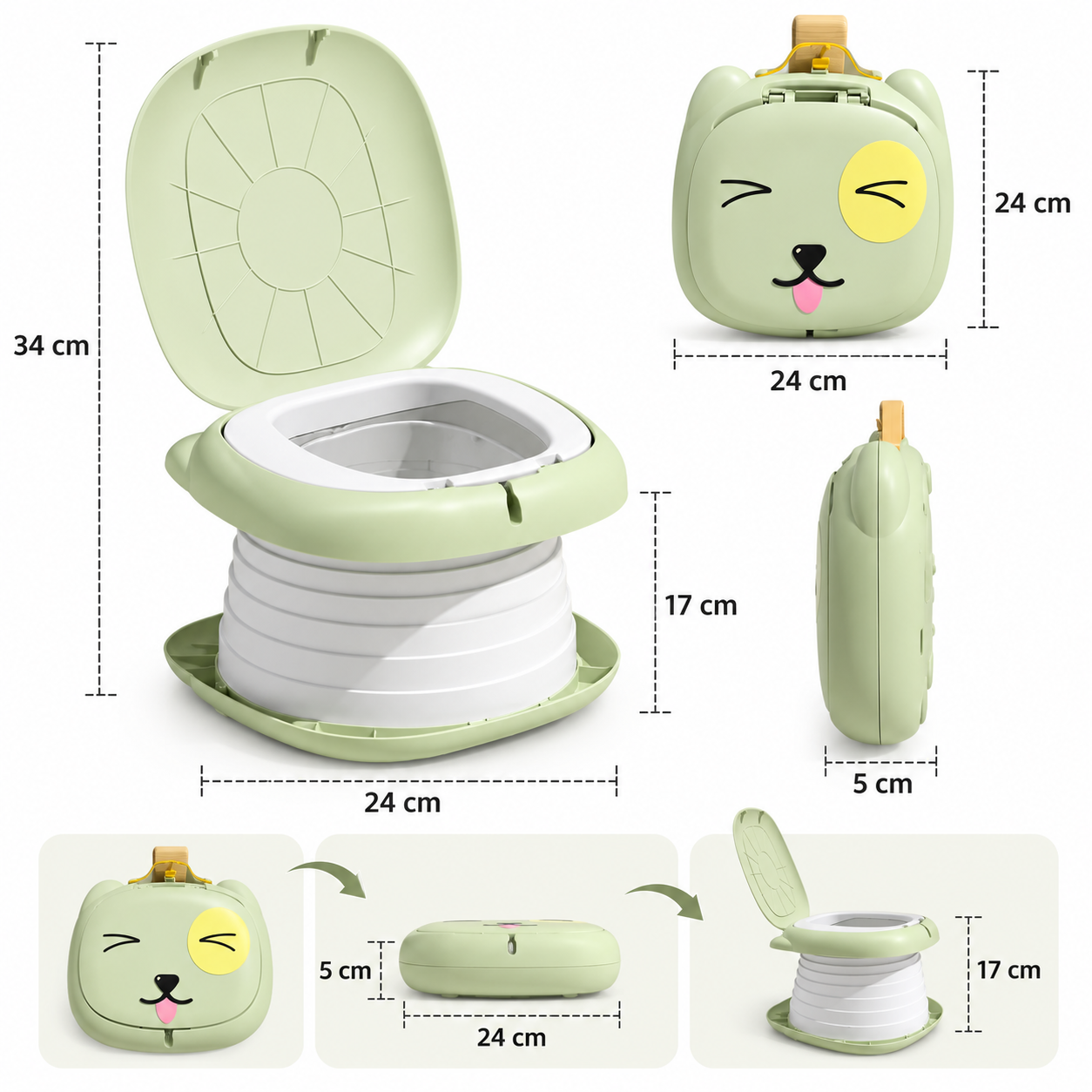 Bacinilla plegable portátil color verde con diseño de osito, incluye medidas de 34x24x17 cm abierta y 5x24 cm cerrada para facilitar su transporte.