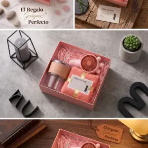 Set de regalo 3 en 1 en caja rosada con paja y ventilador portátil, vaso térmico beige y toalla coral.