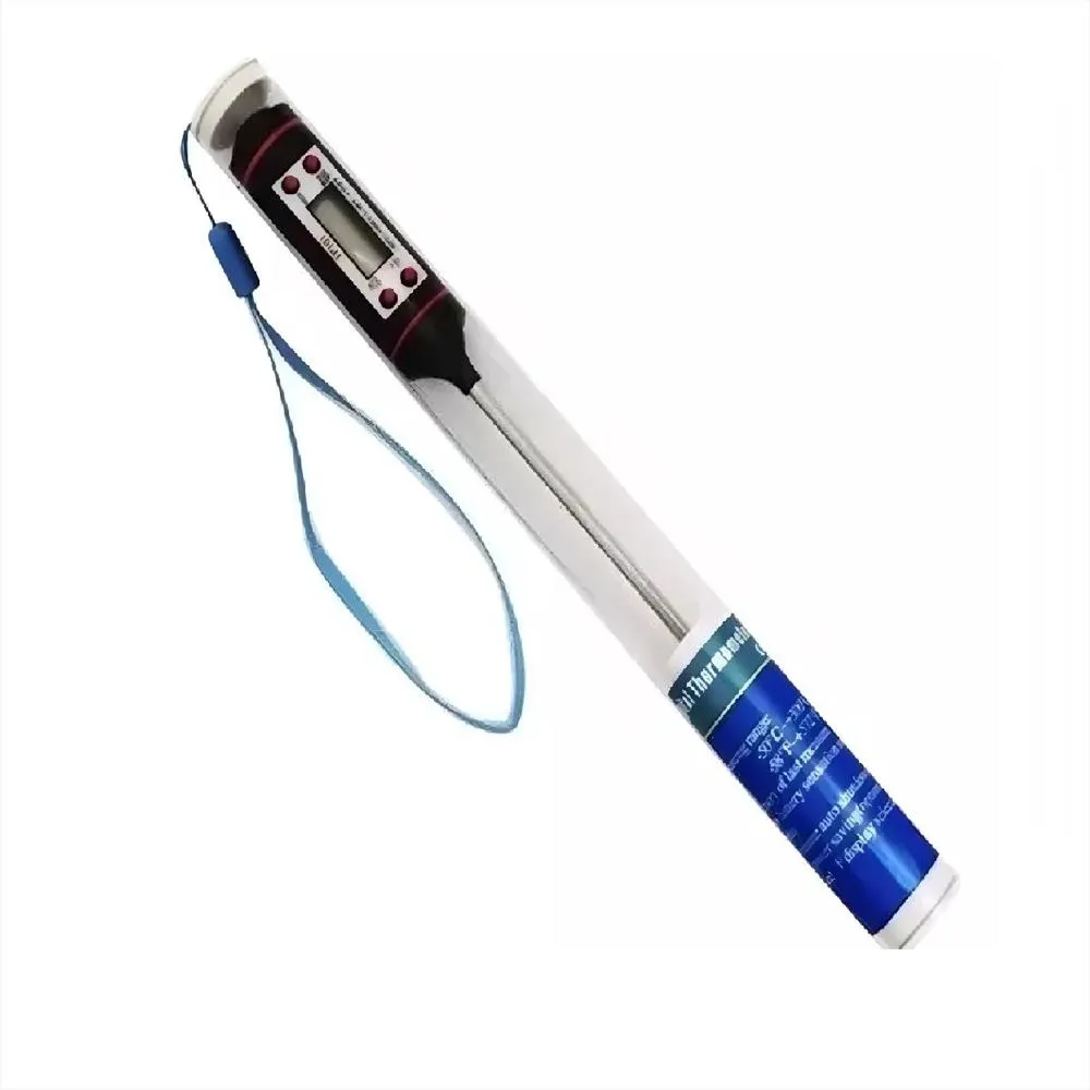 Termómetro digital para alimentos con cuerpo blanco, pantalla LCD, botones rojos, sonda de acero inoxidable y cordón azul en ángulo diagonal.