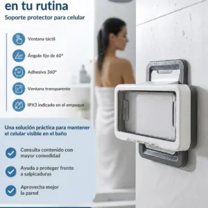 Soporte impermeable para celular blanco y negro con ventana táctil, montado en pared de baño para proteger el dispositivo de salpicaduras.