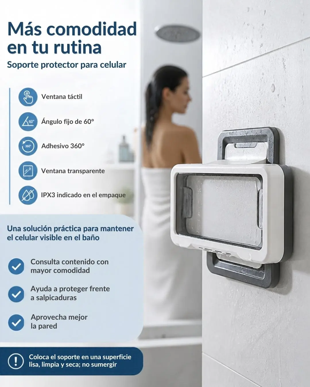 Set x2 Soporte impermeable para celular en la ducha con adhesivo de pared - Protege tu dispositivo contra salpicaduras mientras disfrutas contenido multimedia