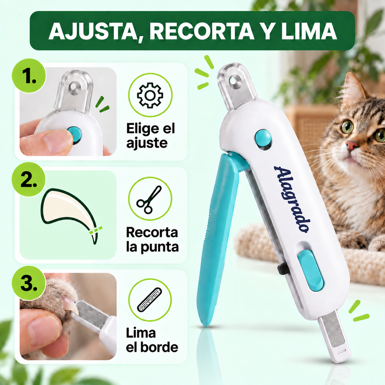 Cortaúñas blanco y celeste con luz y lima integrada para gatos, mostrando el paso a paso de ajuste, corte y limado junto a un gato.