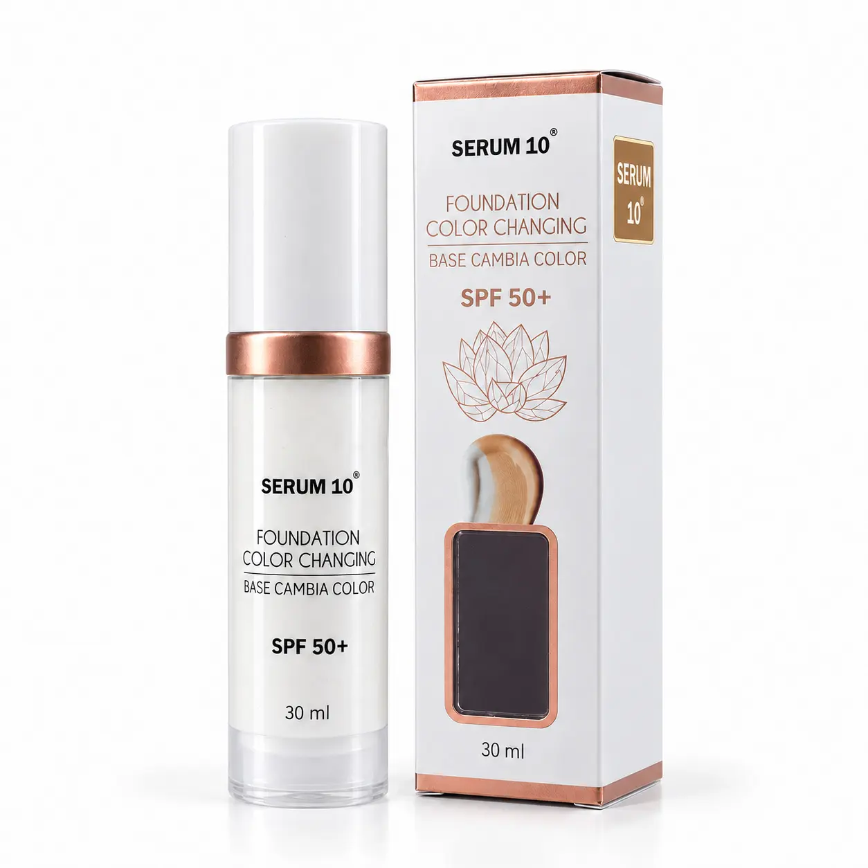 Base mágica color changing Serum 10 SPF 50 de 30 ml en envase dispensador blanco y su caja de presentación con diseño de flor.