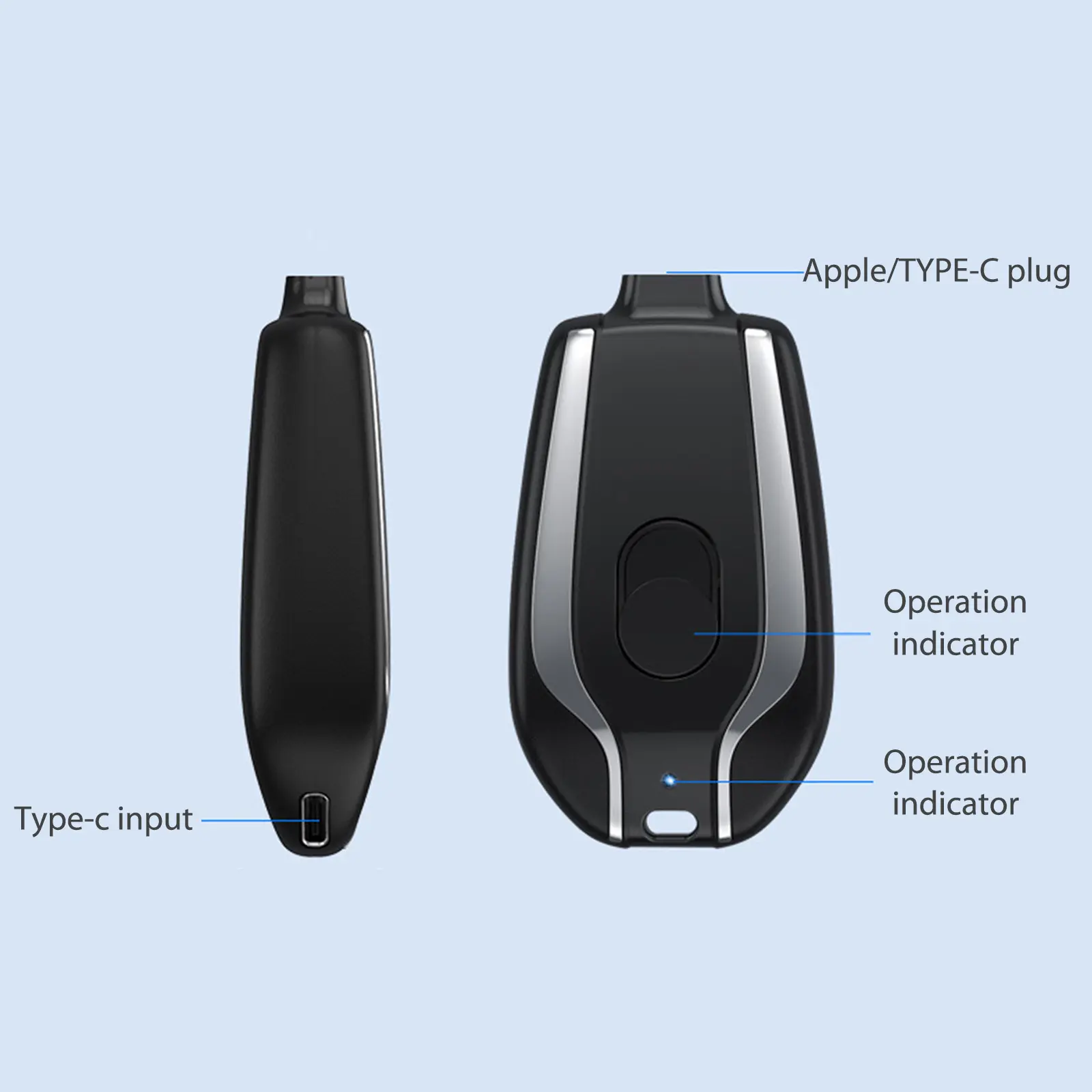Powerbank negra con conector Apple/Tipo C, botón de operación y puerto de entrada Tipo C. Vistas frontal y lateral del dispositivo.