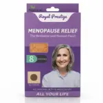 Caja morada de parches transdérmicos naturales para menopausia, contiene ocho unidades, con de mujer sonriente y diseño cuadrado con parche marrón.