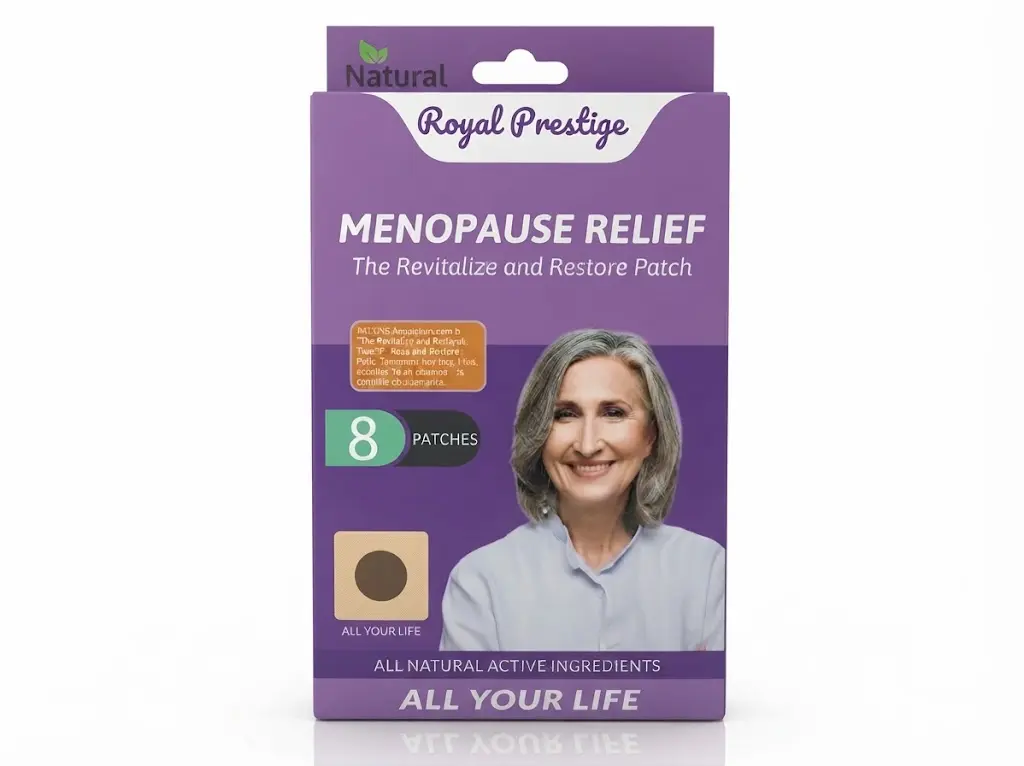 Caja morada de parches transdérmicos naturales para menopausia, contiene ocho unidades, con de mujer sonriente y diseño cuadrado con parche marrón.