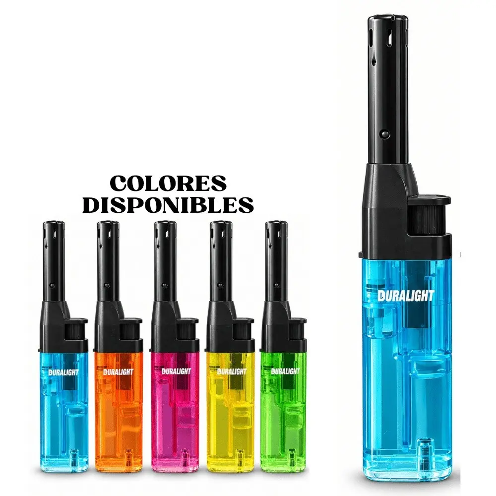 Set de 5 encendedores Duralight de cuello largo en colores azul, naranja, fucsia, amarillo y verde, ideales para estufas y fogones con seguridad.