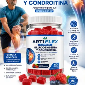Frasco de 60 gomitas rojas de glucosamina y condroitina con sabor a frutos rojos, acompañado de fresas y arándanos frescos.