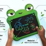Tablero LCD infantil de 16 pulgadas con forma de rana verde, pantalla multicolor para dibujo, incluye lápiz POM y funciones de borrado y bloqueo.