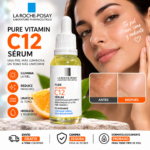Sérum facial La Roche-Posay Pure Vitamin C12 antimanchas en frasco de vidrio con gotero, junto a rodaja de naranja, modelo y resultado de piel radiante.