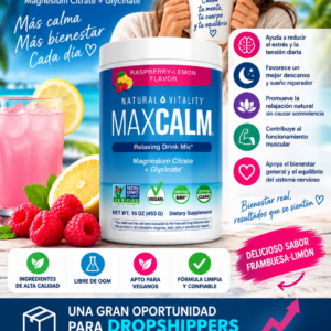 Suplemento Max Calm sabor frambuesa limón con magnesio citrato y glicinato, junto a bebida rosada con frutas en un ambiente tropical.
