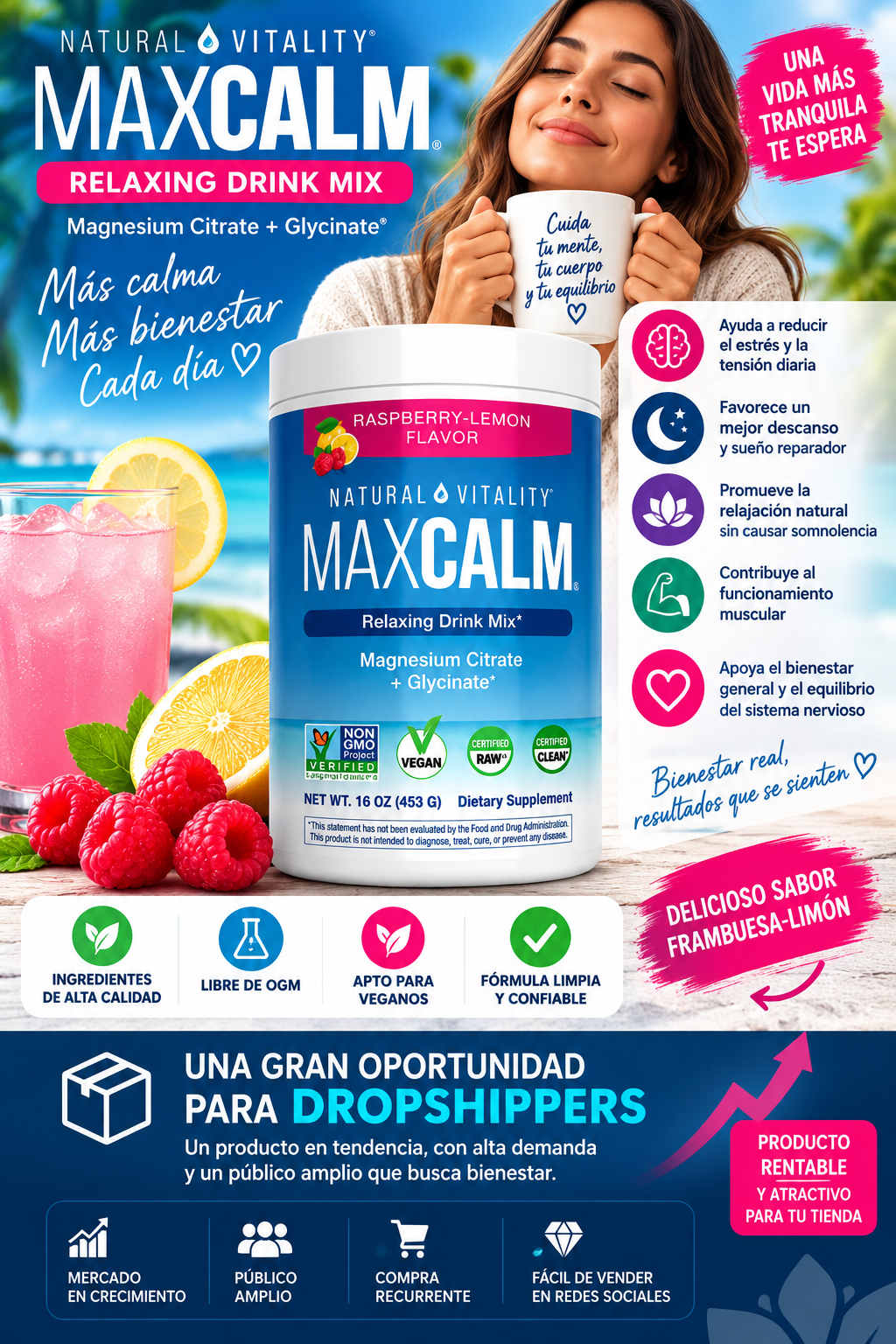 Suplemento Max Calm sabor frambuesa limón con magnesio citrato y glicinato, junto a bebida rosada con frutas en un ambiente tropical.