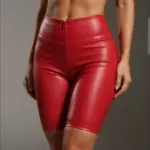 Biker shorts rojos de efecto cuero con tiro alto y cierre frontal para mujer.