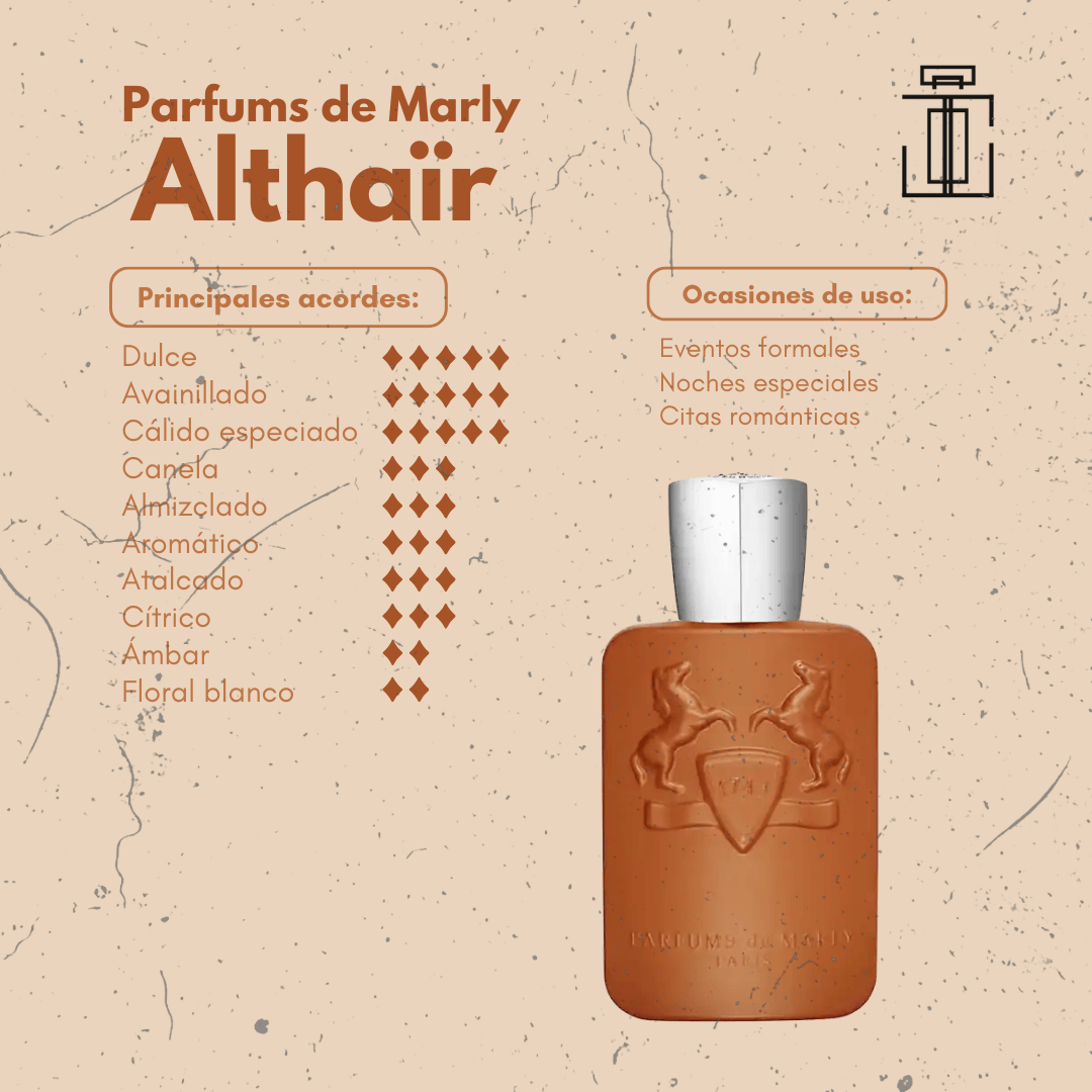 Perfume masculino Althair en botella marrón con dos caballos, sobre fondo beige con de acordes dulces, avainillados y especiados.