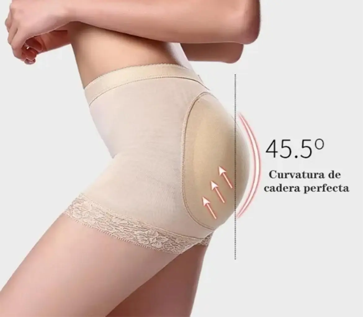 Panty moldeador corto color beige con encaje y relleno trasero acolchado que realza las curvas con un ángulo de elevación de 45.5 grados.