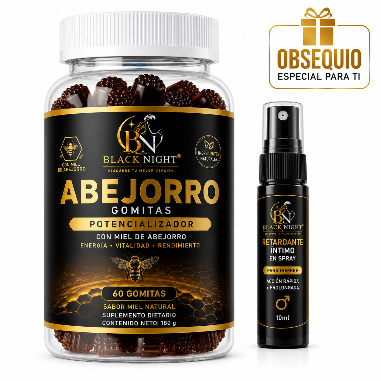 Frasco de gomitas energéticas Abejorro de 60 unidades y spray retardante íntimo de 10 ml con empaque negro y dorado.