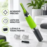 Depilador eléctrico 3 en 1 para rostro y cuerpo, verde y negro con mango texturizado, incluye dos cabezales intercambiables y un cepillo.