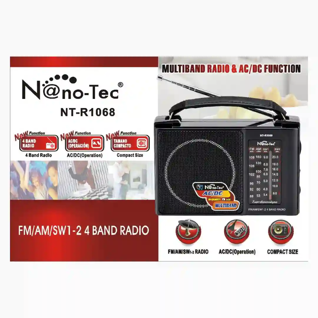 Radio portátil 4 bandas FM AM SW1-2 Nanotec Nt-R1068 color negro con antena y función AC/DC en empaque promocional.