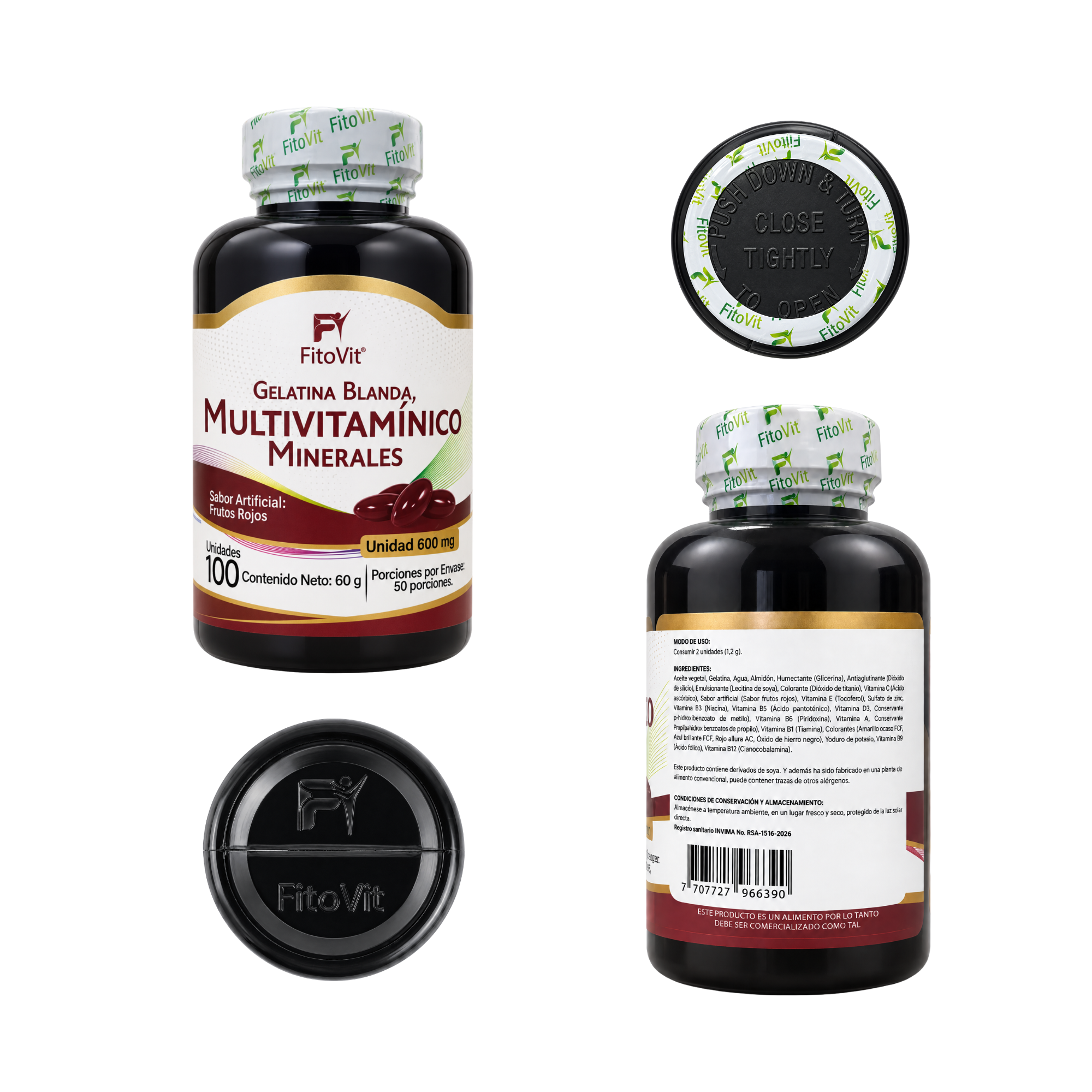 Frasco negro de multivitamínico Fitovit con 100 cápsulas blandas sabor frutos rojos, incluye vista superior de la tapa de seguridad y etiqueta trasera.