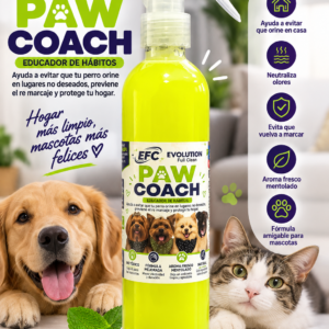Botella spray de educador de hábitos con líquido amarillo, junto a un perro, un gato y hojas de menta, indicando aroma fresco mentolado.
